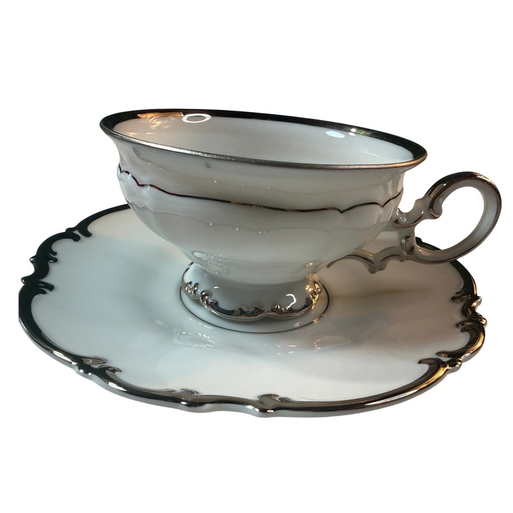 Vintage Hutschenreuther Bavaria Pasco Platinum Silver Tea Cup Saucer Set of 4